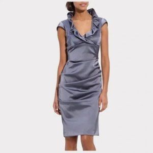 Xscape Rouched Ruffle Satin Midi Cocktail Dress Steel Blue Silver 4